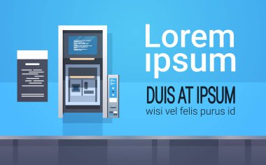 Atm para çekme otomatik vezne makinesi ödeme terminal simgesini para çekme ve para yatay tam kopyaya uzay vektör çizim aktarmak için gösteri standları