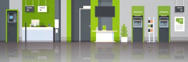 ATM Para otomatik vezne makinesi nakit Resepsiyon işyeri donanımları modern banka iç yatay düz vektör çizim bankacılık self servis ödeme terminalleri finansal faaliyetler kavramı
