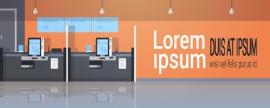 self servis makineleri ödeme terminal pencereleri finansal faaliyetler kavramı ekipman modern banka ofis iç yatay banner kopya alanı düz vektör çizim bankacılık kürek