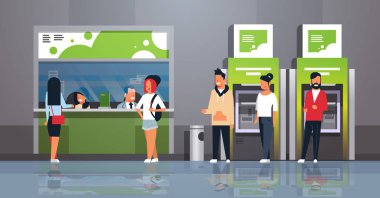 satır sırası kasiyer nakit Resepsiyon pencere Finans Merkezi para hareketleri müşteri hizmeti modern bekleyenler banka büro iç Atm bankacılık düzenlemeleri yatay düz vektör çizim