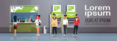satır sırası kasiyer nakit Resepsiyon pencere Finans Merkezi para hareketleri müşteri hizmeti modern bekleyenler banka büro iç Atm bankacılık düzenlemeleri yatay kopyalama alanı vektör çizim