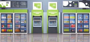 ATM nakit otomatik vezne makinesi ödeme terminal içeceklerin dondurucu cam kapı Süpermarket Ekipmanları kavramı modern depolamak iç yatay banner düz vektör çizim