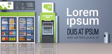 ATM nakit otomatik vezne makinesi ödeme terminal içeceklerin dondurucu cam kapı Süpermarket Ekipmanları kavramı modern depolamak iç yatay kopya alanı düz vektör çizim