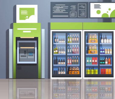 ATM nakit otomatik vezne makinesi ödeme terminal içeceklerin dondurucu cam kapı Süpermarket Ekipmanları kavramı modern depolamak iç yatay düz vektör çizim