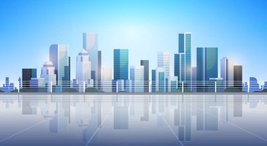 büyük modern şehri bina gökdelen panoramik güneş cityscape arka plan manzarası düz yatay vektör çizim