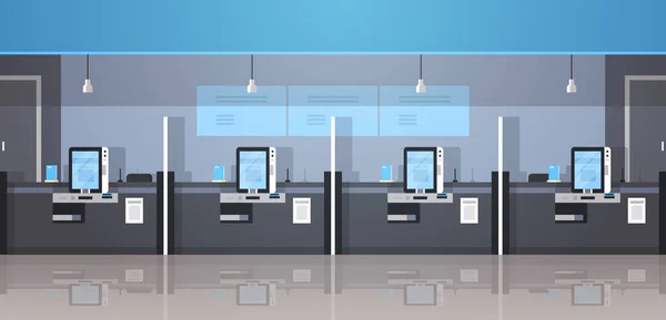 Zeile Selbstbedienungsautomaten Zahlungsterminal Fenster Finanzoperationen Konzept Bankausrüstung Modern Bank Büro — Stockvektor