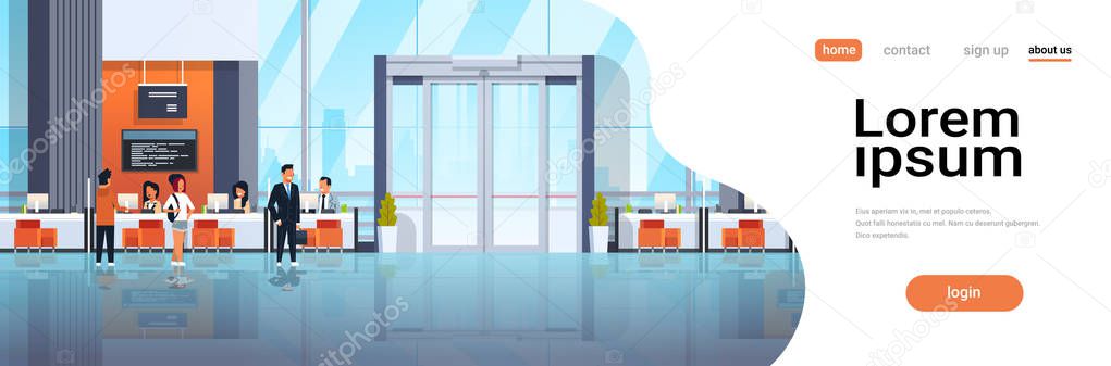 people visitors and banking managers communication financial center credit department windows consultation customer service modern bank office interior horizontal copy space vector illustration