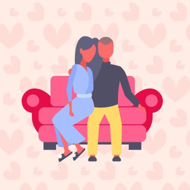 iki kalbi kucaklayan kanepe severler oturan adam kadın sevmek içinde arka plan mutlu sevgililer günü tatil kutluyor kavramı düz şekiller