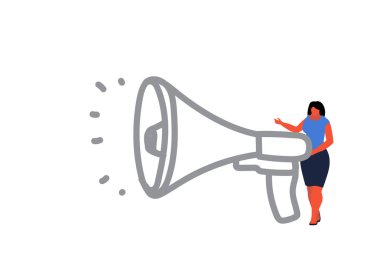 izole megafon hoparlör iş kadın spiker dijital pazarlama kavramı kadın karikatür karakter tam uzunlukta kroki doodle holding iş kadını