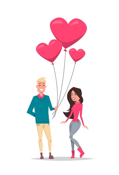 Homme donnant femme rose coeur forme air ballons heureux valentines jour vacances concept jeune couple en amour pleine longueur verticale isolé — Image vectorielle