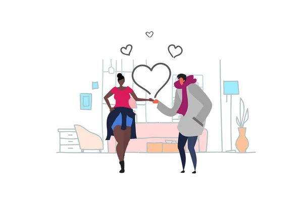 Pareja enamorada feliz día de San Valentín fiesta celebrando concepto mezcla raza hombre mujer cogida de la mano corazón formas sala de estar interior bosquejo garabato horizontal — Vector de stock