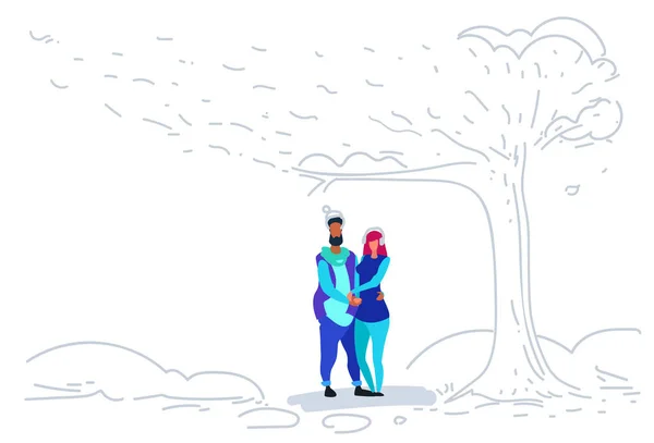 Couple in love happy valentines day concept young man woman embracing standing together over under big tree male female characters full length sketch doodle horizontal — Stock Vector