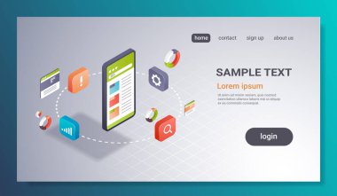 Smartphone ekran internet arama motoru optimizasyonu uygulama seo kavramı online telefon uygulaması arabirimi dijital teknoloji 3d izometrik yatay kopya alanı düz