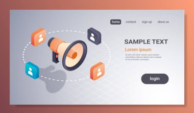 Sosyal medya promosyon kavramı hoparlör mikrofon simgesi reklam ve promosyon 3d izometrik düz yatay kopya alanı pazarlama dijital