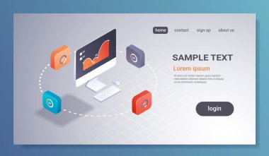 Masaüstü bilgisayar monitörü mali grafik Diyagramı istatistik veri finans analytics rapor yatırım kavramı uygulama arabirimi 3d izometrik yatay tam kopyaya alan ticaret