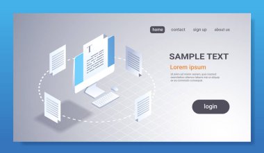 copywriting concept article text document computer monitor screen 3d isometric freelancer journalist workplace web page content management flat horizontal copy space