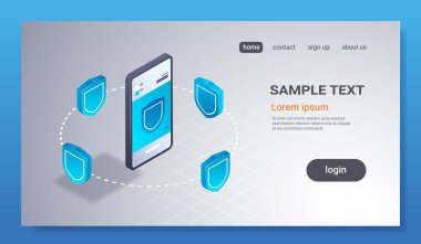 veri gizlilik koruma mobil uygulama Internet güvenlik kavramı 3d izometrik smartphone ekran dijital kalkan güvenli ağ düz yatay kopya alanı vektör çizim