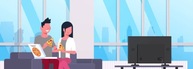 mutlu çift pizza adam kadın kanepe modern daire ev iç erkek kadın karikatür karakterler dikey düz yatay afiş üzerinde TV izlerken yemek