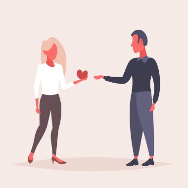 kadın veren adam kırmızı kalp şekli sürpriz mutlu sevgililer günü tatil kutlama kavramı çift içinde erkek kadın karikatür karakterleri tam uzunlukta düz tr