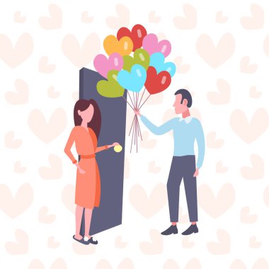 adam kadın renkli kalp şekli hava balonları mutlu sevgililer günü kavramı genç çift kapı tam uzunlukta karakter düz açılış love tatil sürpriz kızı veriyor.