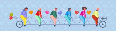 insanlar grup sürme iki kişilik bisiklet kalp şekli hava balonları mutlu sevgililer günü konsepti ile aşk başarılı ekip çalışması düz yatay banner vektör çizim içinde çiftler
