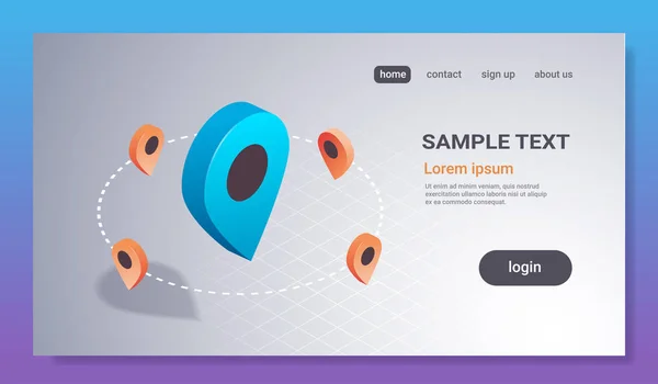 GPS navigációs alkalmazás geo cédula helyét globális helymeghatározó rendszer koncepció 3d izometrikus pin megjelenítése mutató utazik geotag ikon vízszintes sík másol hely — Stock Vector