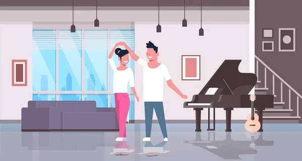 Пара танцює чоловік жінка щасливі коханці домашній зал музичні інструменти піаніно гітара сучасна квартира інтер'єр чоловіки герої мультфільму повнометражні плоскі горизонтальні — стоковий вектор