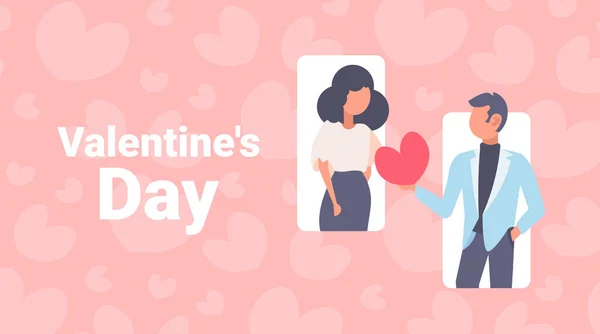 woman man holding red heart shape happy valentines day holiday celebration concept couple in love male female cartoon characters portrait horizontal greeting card flat
