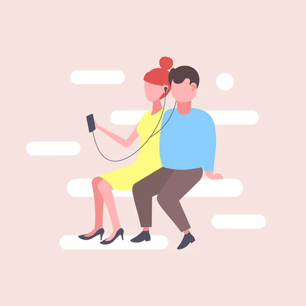 Couple sitting together listening to music in headphones man woman lovers using smartphone flat male female cartoon characters full length — Stock vektor