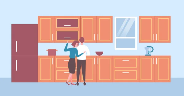 Vista trasera pareja cocina comida abrazar hombre mujer amantes de pie juntos moderno cocina interior masculino mujer dibujos animados personajes horizontal plana — Archivo Imágenes Vectoriales