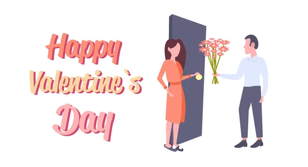 Mann Gibt Frau Blumen Strauß Glücklich Valentinstag Feier Konzept Junges — Stockvektor