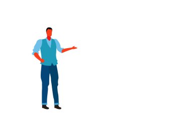 El, bir şey izole poz tam uzunlukta karakter düz yatay duran moda giysiler giyen erkek ofis işçi iş adamı işaret geçici iş adamı