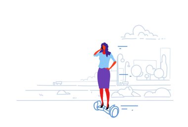 elektrikli scooter iş kadın Smartphone kadın ofis işçi Eko taşıma kavramı şehir kentsel park peyzaj kroki doodle yatay söz sürme işkadını