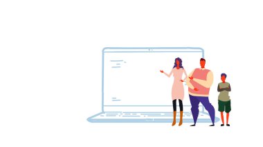 dizüstü bilgisayar uygulamasını kullanarak aile mutlu anne baba ve oğul dijital cihaz arıyor görüntülemek ayakta birlikte kroki doodle yatay