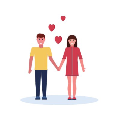 Çift birlikte kırmızı kalp şekilleri izole arka plan tam uzunluğu ayakta eller mutlu sevgililer günü kutluyor kavramı adam kadın aşık tutarak aşık