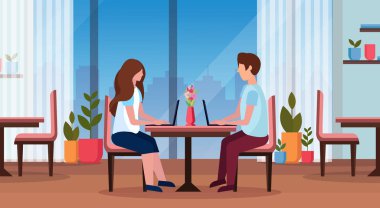 Laptop mutlu sevgililer günü kavramı adam kadın online iletişim modern restoran kullanarak masada oturan çift iç yatay düz