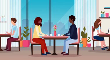 couple sitting at table enjoying food happy valentines day concept holiday dinner african american man woman eating and talking modern restaurant interior horizontal flat