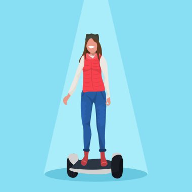 happy woman riding electric scooter girl standing on modern personal transport concept female cartoon character flat