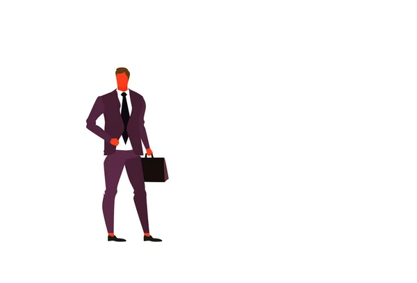 Joven empresario celebración maletín masculino oficina trabajador hombre de negocios jefe de pie pose longitud completa carácter plano horizontal aislado — Vector de stock