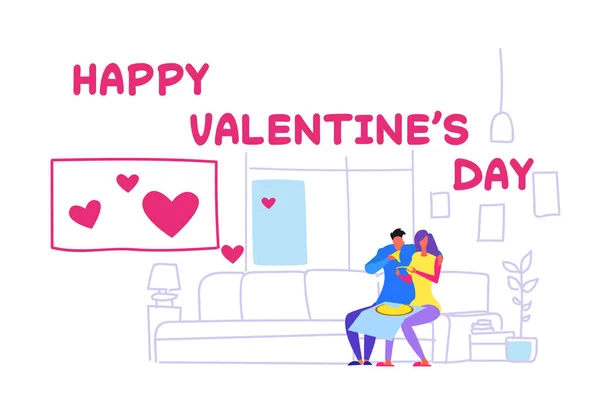 Happy couple eating pizza happy valentines day concept man woman sitting on couch modern apartment home interior male female characters sketch doodle greeting card horizontal — ストックベクタ