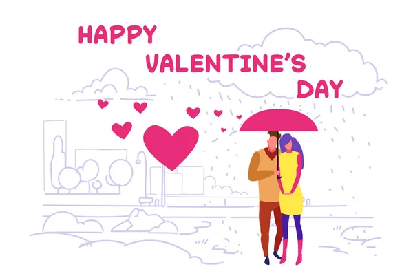 Amanti coppia sotto ombrello felice valentines giorno concetto uomo donna romantico camminare in pioggia città urbano parco cuore forme sfondo schizzo doodle orizzontale — Vettoriale Stock