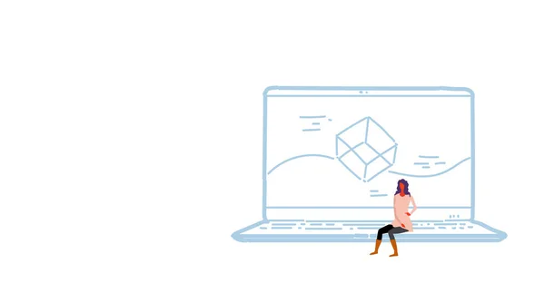 Nő ül a laptop számítógép app fejlesztési koncepció képernyő felület alkalmazás tervezési női fejlesztő vázlatot doodle vízszintes — Stock Vector