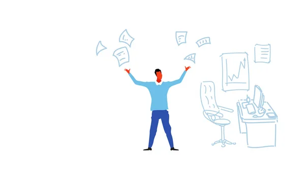 Naštvaný podnikatel vrhací papírové dokumenty zdůrazňují problém koncept přepracovaní obchodní muž pracovitý zběsile charakter moderní kancelářské interiérové skica doodle horizontální — Stockový vektor