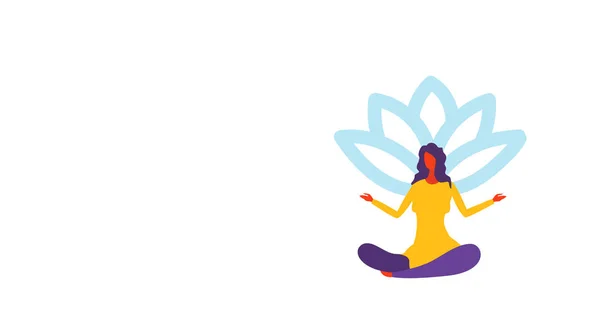 Empresária meditando sentado lótus posição menina no ioga pose fêmea desenho animado personagem comprimento total horizontal isolado —  Vetores de Stock