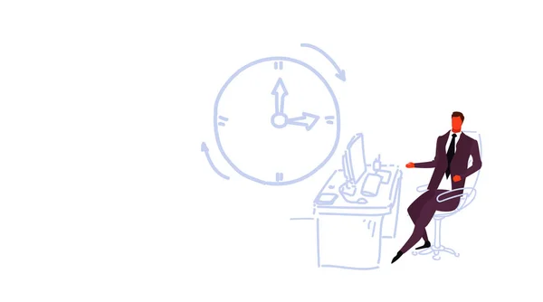 Бизнесмен работает на компьютере сидя на рабочем месте молодой бизнесмен офис работника срок концепция настенные часы икона современного кабинета интерьера эскиз каракули — стоковый вектор