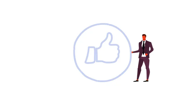 Hombre de negocios con pulgares hacia arriba símbolo como icono exitoso de marketing en redes sociales concepto de retroalimentación trabajador de oficina masculino personaje de dibujos animados bosquejo de longitud completa doodle — Archivo Imágenes Vectoriales