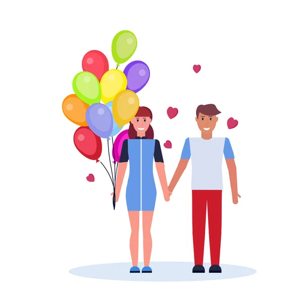 Homme tenant la main femme avec des ballons d'air colorés heureux Valentines concept couple amoureux sur les formes de coeur mâle femelle pleine longueur personnages isolés plat — Image vectorielle