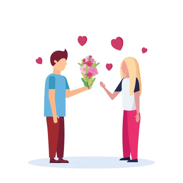 Man giving woman flowers bouquet happy valentines day celebration concept couple in love over heart shapes male female full length profile characters isolated flat — Stock Vector