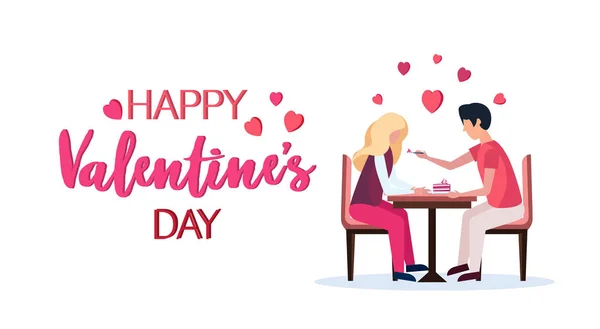 Mand fodring attraktiv kvinde med kage i cafe glade valentiner dag ferie fest koncept par forelsket i røde hjerte figurer lykønskningskort vandret isoleret flad – Stock-vektor