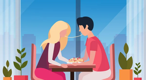 Paar spaghetti samen eten gelukkige valentines dag vakantie diner concept man vrouw genieten van voedsel moderne restaurant interieur horizontale flat — Stockvector